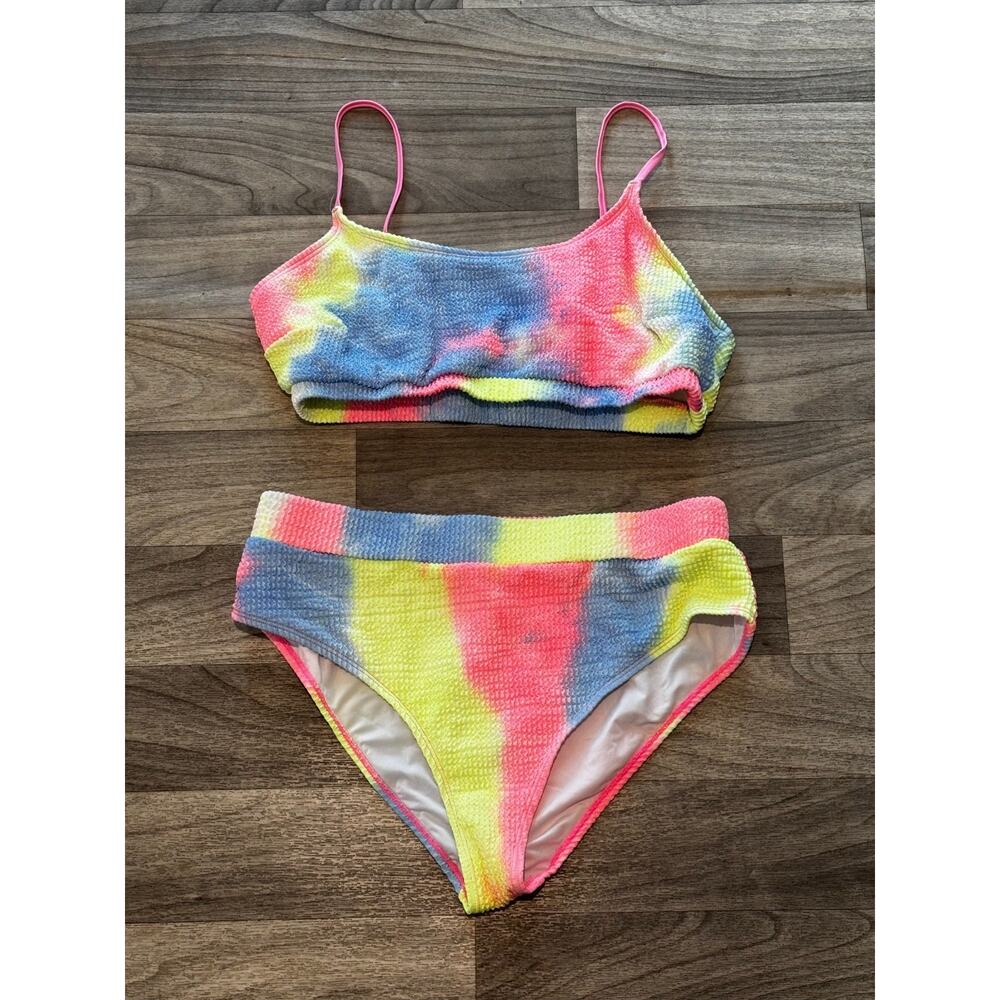 CUPSHE Women's XL Tie Dye Smocked High Waisted Bikini Set Neon Pink Blue Yellow